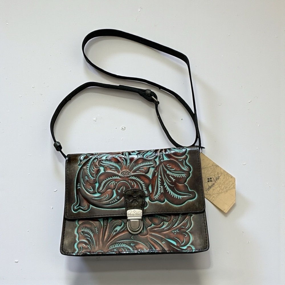 Elegant Brown and Teal Embossed Leather Bag